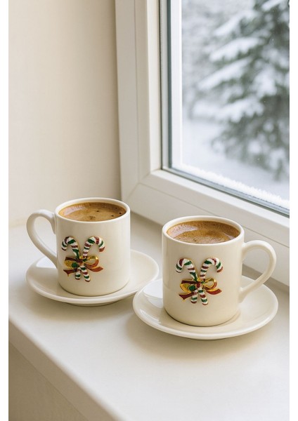 Yeni Yıl Özel 2'li Porselen Kupa Fincan Takımı | Şeker Bastonlu Fiyonk Detaylı