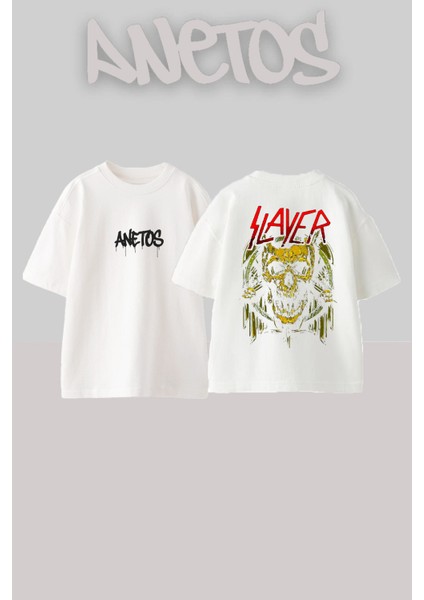 Slayer 4 Tasarım Sırt Baskılı Pamuk Beyaz Oversize T-Shirt