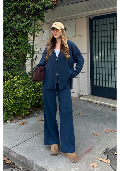 Lacivert Fermuarlı Kapüşonlu Triko Takım - 0511