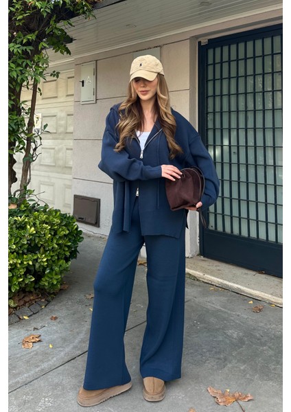 Lacivert Fermuarlı Kapüşonlu Triko Takım - 0511 fiyatları