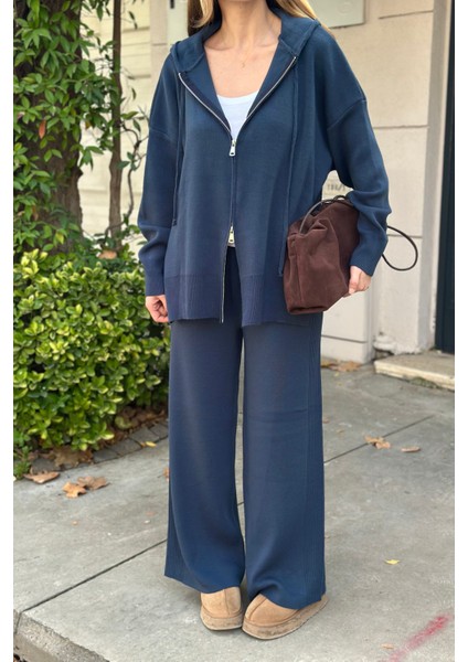 Lacivert Fermuarlı Kapüşonlu Triko Takım - 0511 modelleri