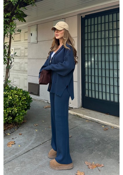 Lacivert Fermuarlı Kapüşonlu Triko Takım - 0511 fırsatları