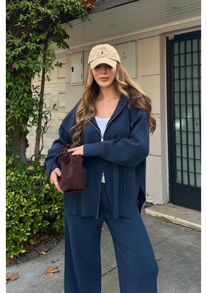 Lacivert Fermuarlı Kapüşonlu Triko Takım - 0511 indirimleri
