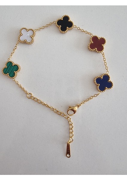 Beşli Çok Renkli Dört Yapraklı Şans Yoncası Çelik Kadın Bileklik-Altın Kaplama, Çift Yönlü Tasarım fırsatları