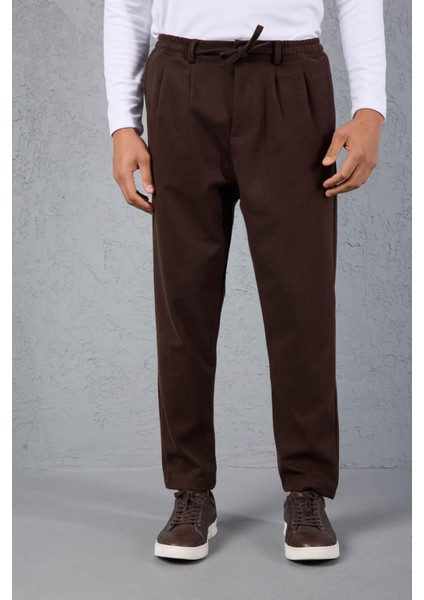 Milos Relax Fit Örme Kaşe Kumaş Fermuarlı Beli Lastikli Jogger Erkek Pantolon - Kahve