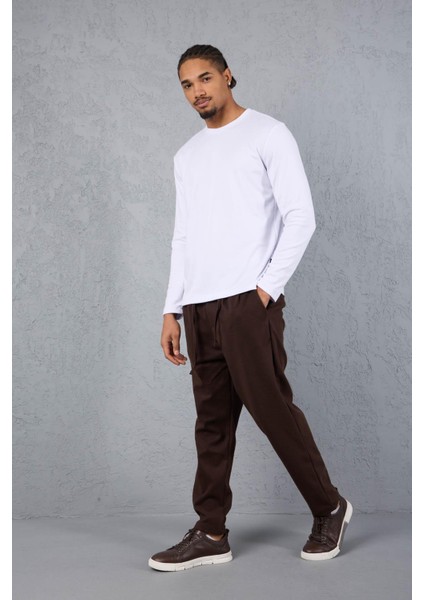 Milos Relax Fit Örme Kaşe Kumaş Fermuarlı Beli Lastikli Jogger Erkek Pantolon - Kahve