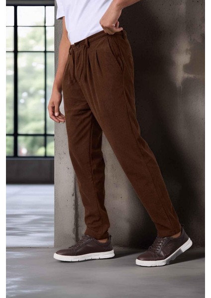 Roy Regular Fit Beli Lastikli Fitilli Kadife Kumaş Fermuarlı Jogger Erkek pantolon - Kahve fırsatları