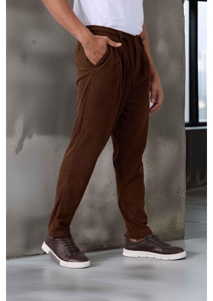 Roy Regular Fit Beli Lastikli Fitilli Kadife Kumaş Fermuarlı Jogger Erkek pantolon - Kahve indirimleri