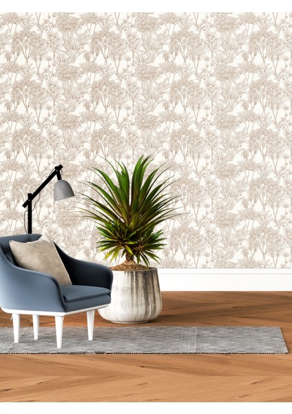 Sonbahar Temalı Bej Çiçek Eskiz Desenli Duvar Kağıdı -Isı ve Ses Yalıtımı Yırtılmaz