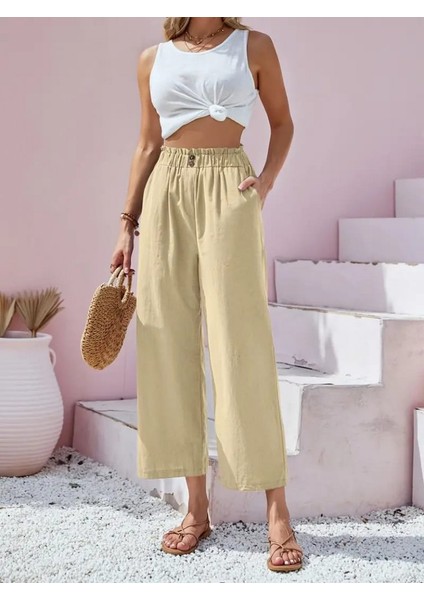 Kadın Bel Büzgü ve Düğme Detay Kapri Keten Pantolon