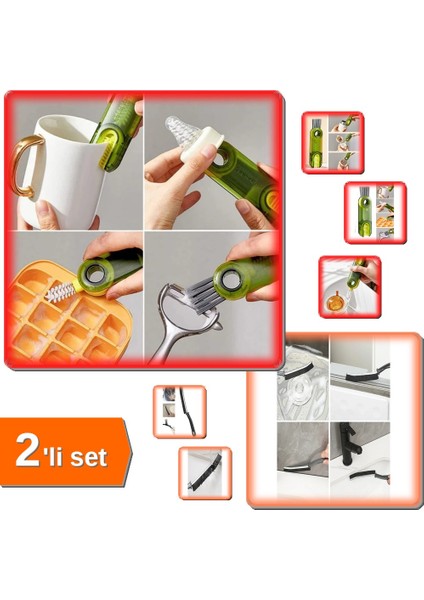 3 Fonksiyonlu Çok Amaçlı Temizlik Fırçası + Derz Temizleme Fırçası - Ince Kıl 2li Set A1B2C3