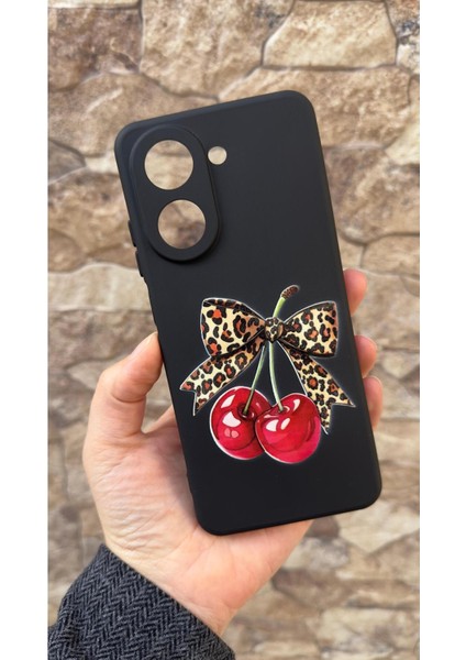 Redmi A5 Uyumlu Kirazlı Leopar Fiyonk Desenli Silikon Darbe Emici Klasik Korumalı Rubber Kılıf
