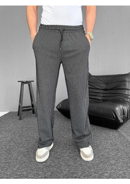Su Yolu Çizgili Cepli Pantalon - Siyah