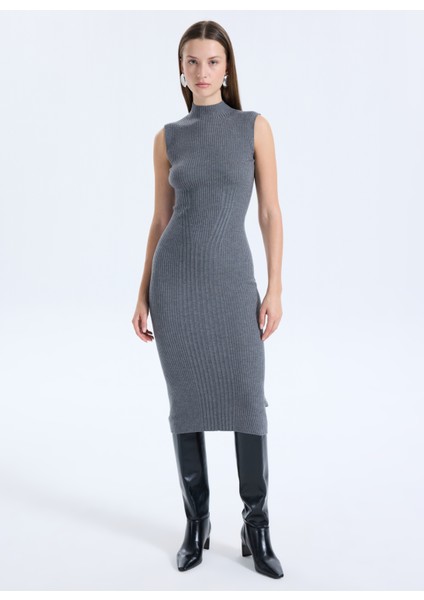 Dik Yaka Düz Antrasit Standart Kadın Elbise Julia Kadın Ipek Kaşmir Karışımlı T