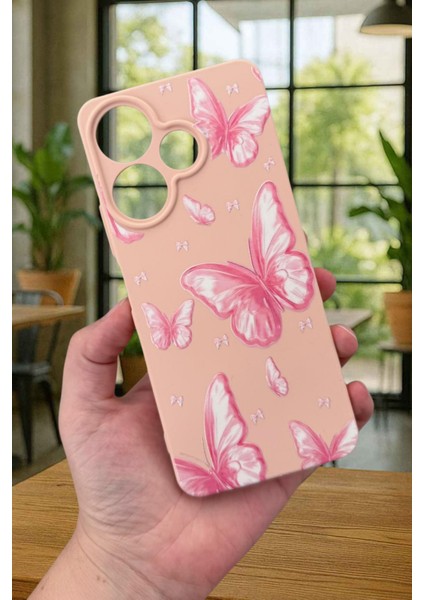 Xiaomi Redmi 13 4g Pembe Kelebek Desenli Silikon Darbe Emici Klasik Korumalı Rubber Kılıf