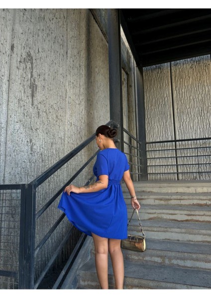 Kadın Saks Mavi V Yaka Büzgülü Mini Kloş Elbise 4C-2349 modelleri