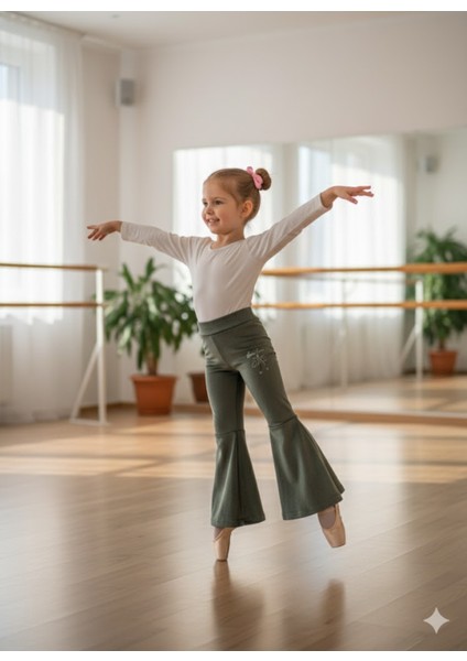 Kız Çocuk Fransız Kadife Geniş Dökümlü Ispanyol Paça Tayt Yeşil