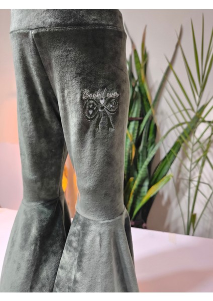 Kız Çocuk Fransız Kadife Geniş Dökümlü Ispanyol Paça Tayt Yeşil