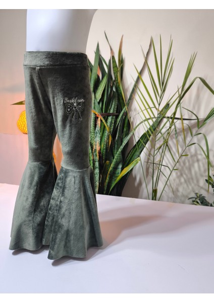Kız Çocuk Fransız Kadife Geniş Dökümlü Ispanyol Paça Tayt Yeşil