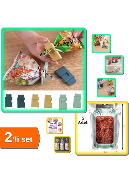 Poşet Kapatıcı Klips 6 Adet + Kavanoz Görünümlü Çıtçıtlı Saklama Poşeti 5 Adet Seti – HB49QW