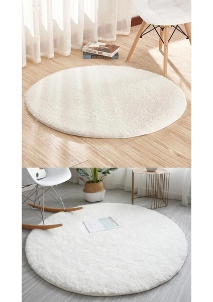 Beyaz Yuvarlak Kaymaz Taban Halı Yıkanabilir Dekoratif Peluş Halı