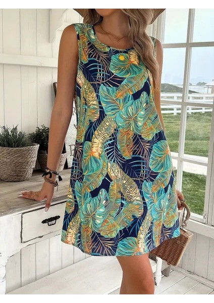 Kadın Sıfır Kollu Yuvarlak Yaka Desenli Süprem Elbise modelleri