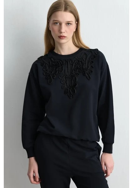 Şerit Nakışlı Pamuk Sweatshirt - Siyah fiyatları