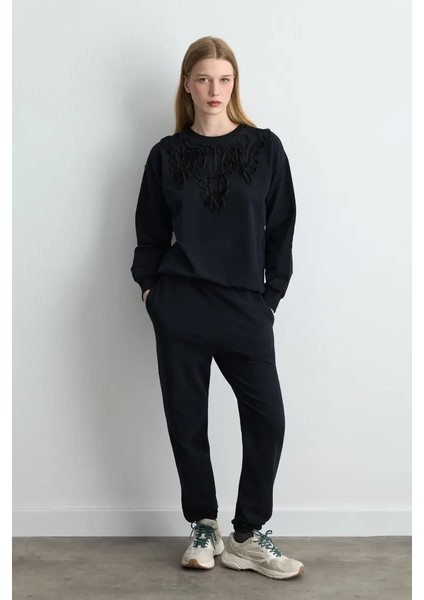 Şerit Nakışlı Pamuk Sweatshirt - Siyah modelleri