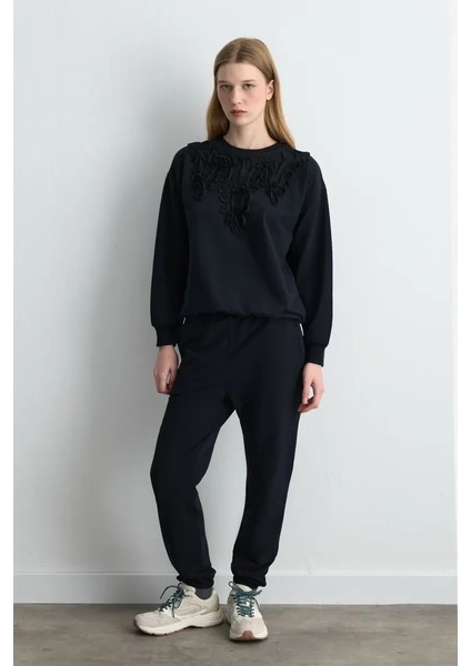 Şerit Nakışlı Pamuk Sweatshirt - Siyah fırsatları