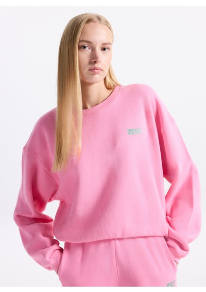 Yuvarlak Yaka Pembe Kadın Sweatshırt IZU03AH25ROSEVI