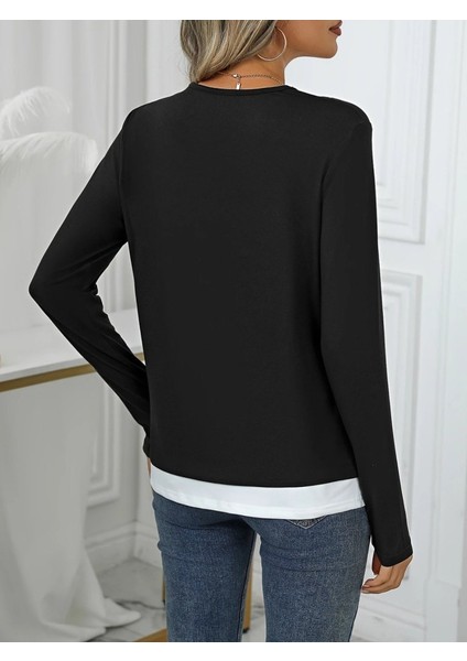 Kadın Uzun Kollu V Yakalı Çift Renkli Viskon Iki Iplik Bluz fırsatları