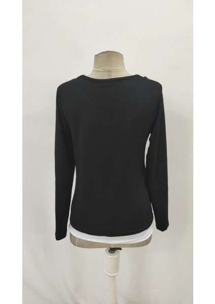 Kadın Uzun Kollu V Yakalı Çift Renkli Viskon Iki Iplik Bluz