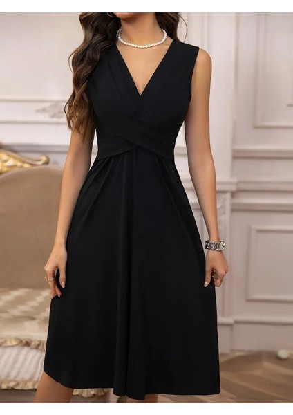 Kadın Askılı V Yakalı Önde Çapraz Detaylı Janjan Krep Elbise indirimleri