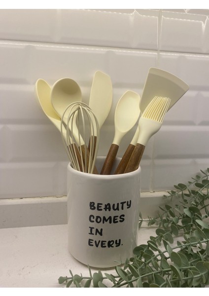 Ahşap Saplı Silikon Servis Seti Seramik Kaşıklık