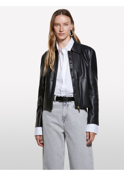 Viskoz Karışımlı Deri Görünümlü Fermuarlı Regular Fit Ceket Kadın Siyah Ceket - 325A20BZLN05T