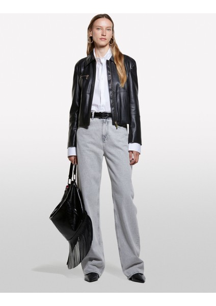 Viskoz Karışımlı Deri Görünümlü Fermuarlı Regular Fit Ceket Kadın Siyah Ceket - 325A20BZLN05T fırsatları