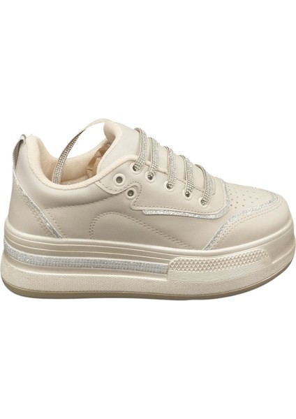 319Z Ortopedik 5 cm Kalın Taban Simli Taş Şeritli Günlük Kadın Sneaker Ayakkabı