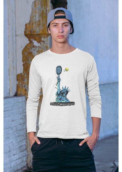 Özgürlük Heykeli Uzun Kollu Beyaz T-Shirt