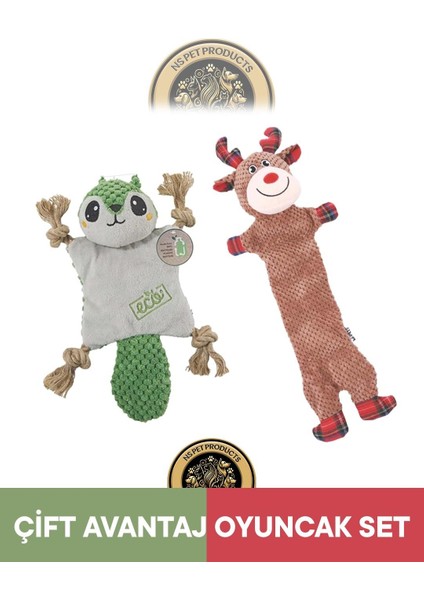 Terra Eco Pip Puppy (Sincap)-Christmas Prancer (Geyik) Köpek Oyuncağı 2'li Set
