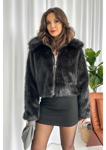 Premium Fermuarlı Kısa Kürk Siyah