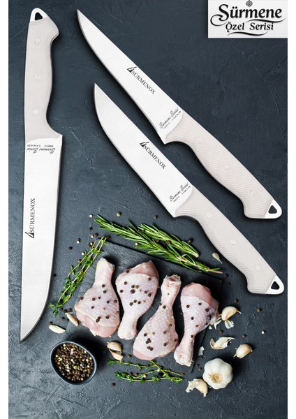 Sürmene Serisi Mutfak Bıçak Seti Et Ekmek Sebze Bıçağı 3 Lü Beyaz Verzalit Sap HDS-162