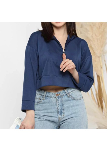 Esnek Kumaş Fermuar Detaylı Kadın Crop Top Sweatshirt