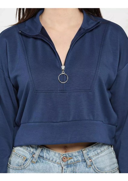 Esnek Kumaş Fermuar Detaylı Kadın Crop Top Sweatshirt modelleri