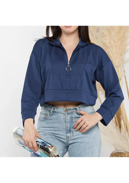 Esnek Kumaş Fermuar Detaylı Kadın Crop Top Sweatshirt fırsatları