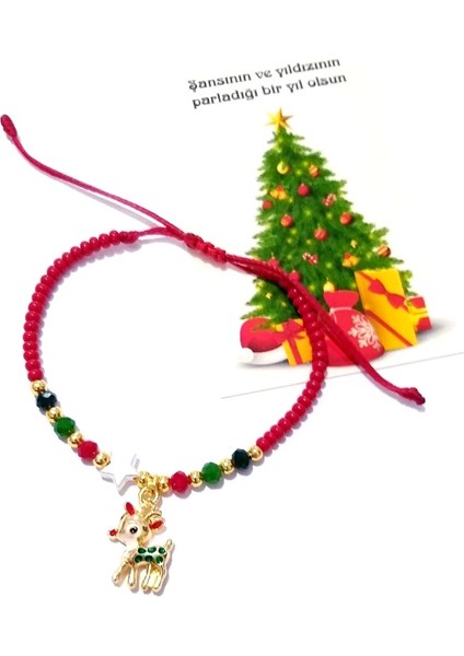 Yılbaşı Kartlı Yavru Geyik ve Yıldızlı Kristal ve Çek Cam Boncuklu Yılbaşı Çocuk Bileklik