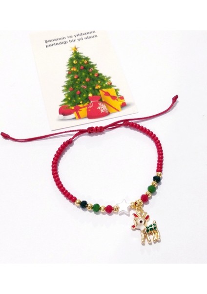 Yılbaşı Kartlı Yavru Geyik ve Yıldızlı Kristal ve Çek Cam Boncuklu Yılbaşı Çocuk Bileklik modelleri