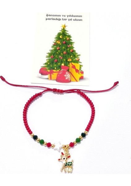 Yılbaşı Kartlı Yavru Geyik ve Yıldızlı Kristal ve Çek Cam Boncuklu Yılbaşı Çocuk Bileklik