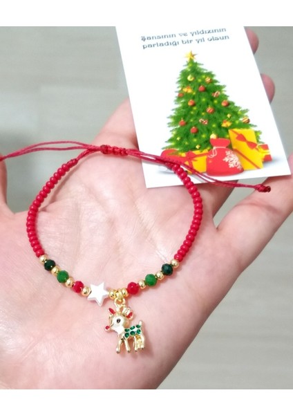Yılbaşı Kartlı Yavru Geyik ve Yıldızlı Kristal ve Çek Cam Boncuklu Yılbaşı Çocuk Bileklik