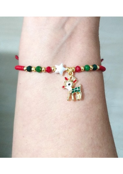 Yılbaşı Kartlı Yavru Geyik ve Yıldızlı Kristal ve Çek Cam Boncuklu Yılbaşı Çocuk Bileklik