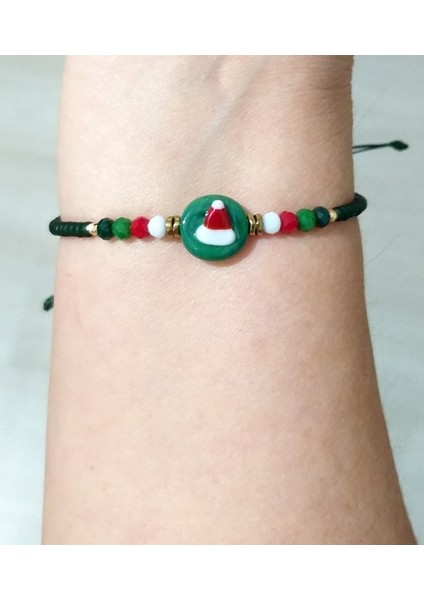 Yılbaşı Kartlı El Yapımı Cam Noel Şapkalı Kristal ve Miyuki Round Boncuklu Bileklik